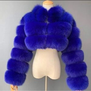 Blue faux fur crop coat with hood